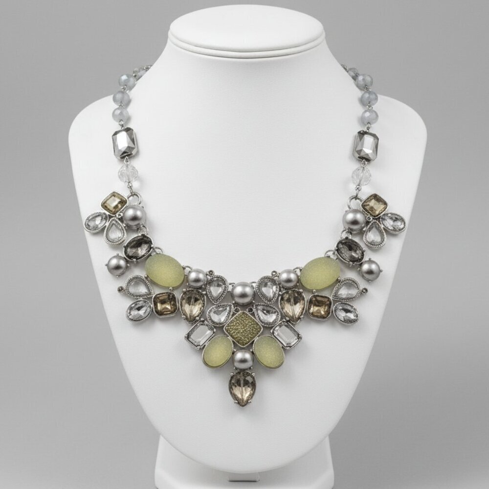 Nwt Chicos Perry Bib Necklace Statement Yellow Pearls Clear Gemstones Silver 18$